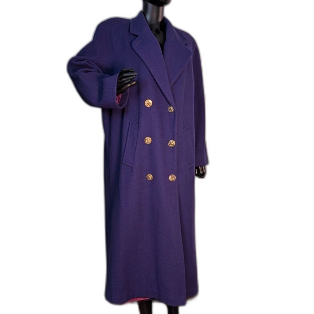 Vintage Anna Alfieri 100% Wool Purple Long Overcoat Gold Button 80s Coat 14